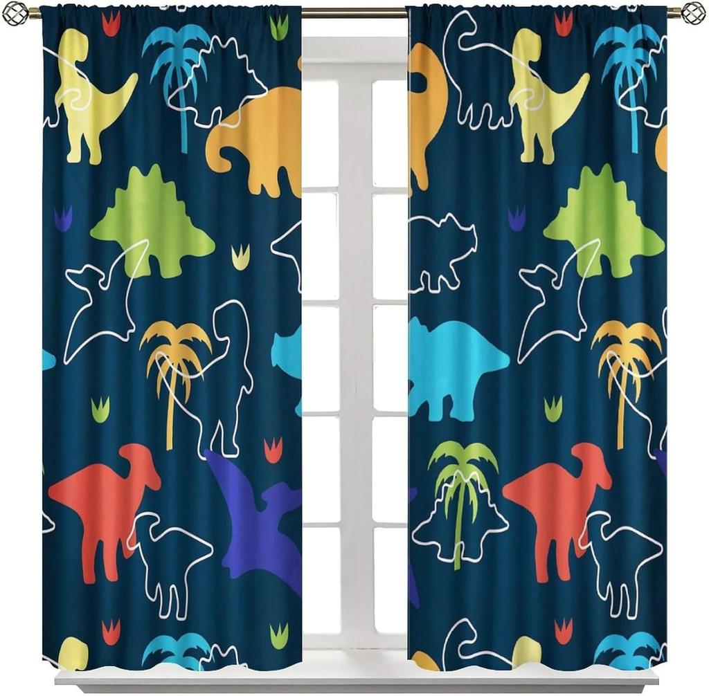 Boys Dinosaur Curtains, Cartoon Dino Kids Window Treatments For Boys Girls Children Nursery Living Room Bedroom, Colorful Safari