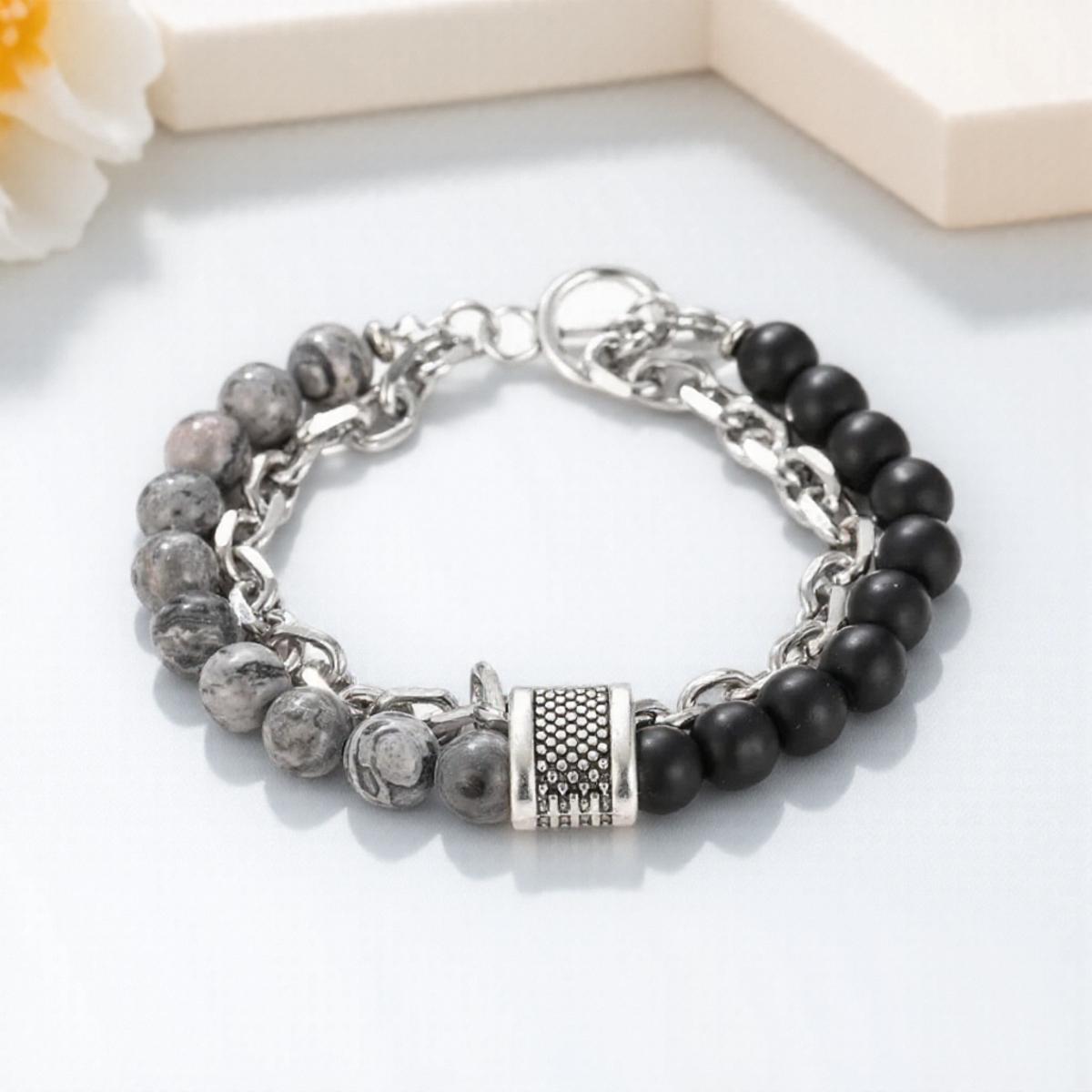 

1PC Natural Stone Beaded Bracelet for Men Stainless Steel Bead Bracelet Fashion Jewelry Gift for Him Trendy Mens Accessories сірий
