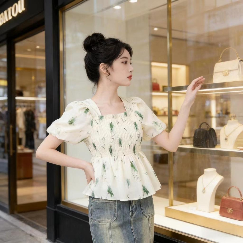Summer short Spice Girl square collar coffee break light color new flared sleeves thin pullover French casual short-sleeved top women