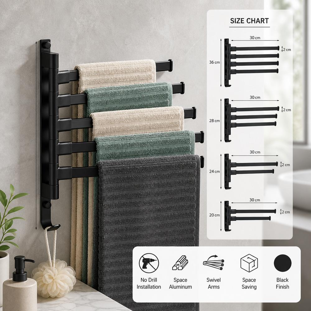 No Drill Installation Wall Mounted Towel Rack Swing Arm Towel Bar Bathroom Storage