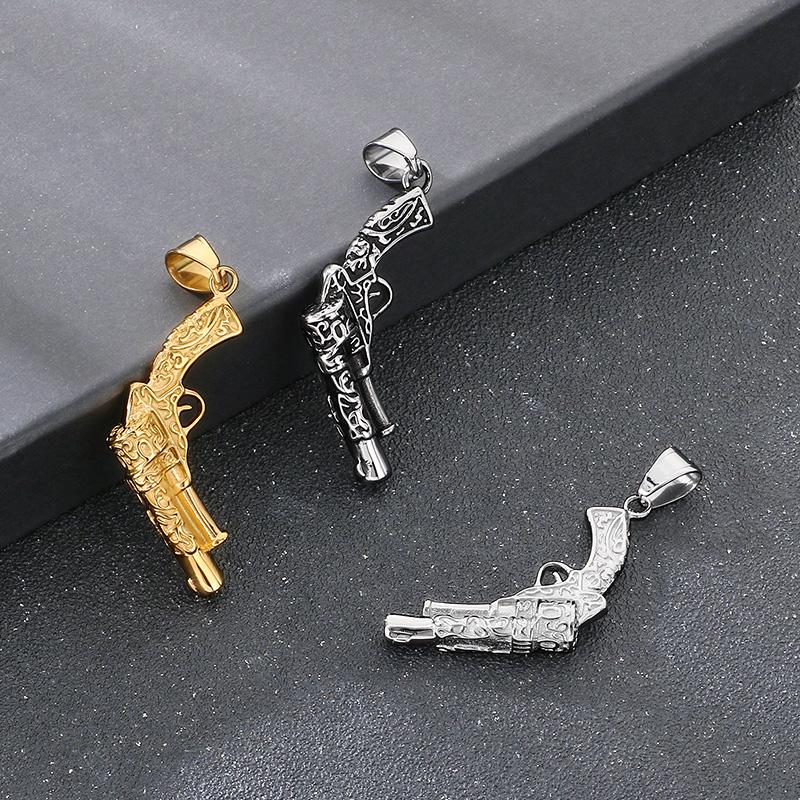 Larger Stainless Steel Gun Charm Pendant Necklace For Men Hip Hop Gold Color Party Jewelry Chunky Rock Boy Gift