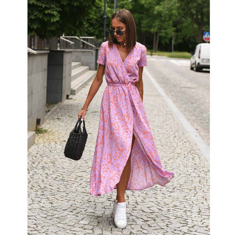 

Богемное платье с принтом, V-образным вырезом и завязкой на талии - Коллекция Лето 2024 Medium розовый