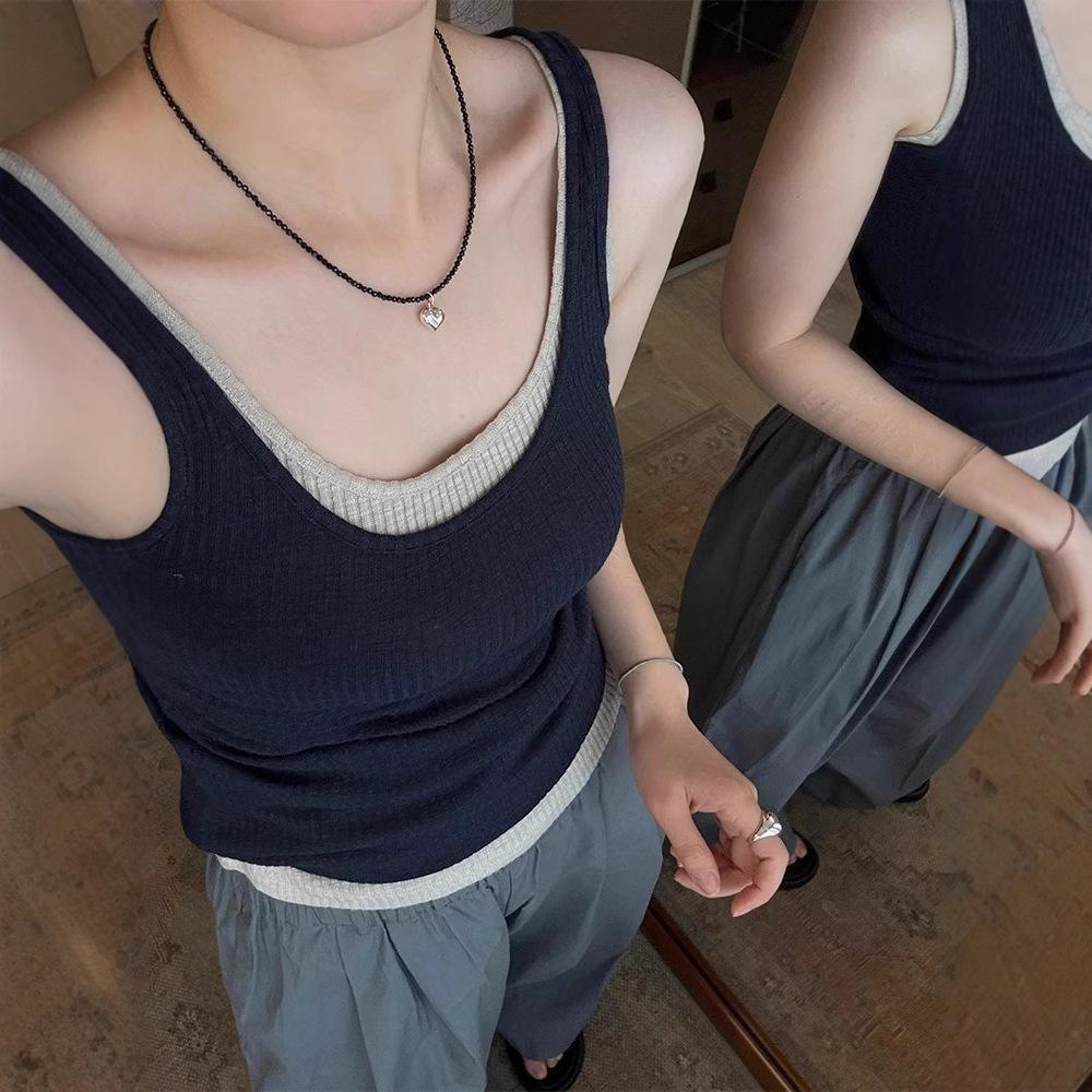 navy blue large neckline u-neck fake two-piece small suspender vest for women's summer wear knitted short sleeveless top
