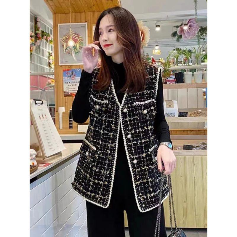 Strong Promotion of Benefits! Three-Dimensional Tassel Plaid V-neck Woolen Pocket Vest Female Fall and Winter Bandage Dress Edging Outwear