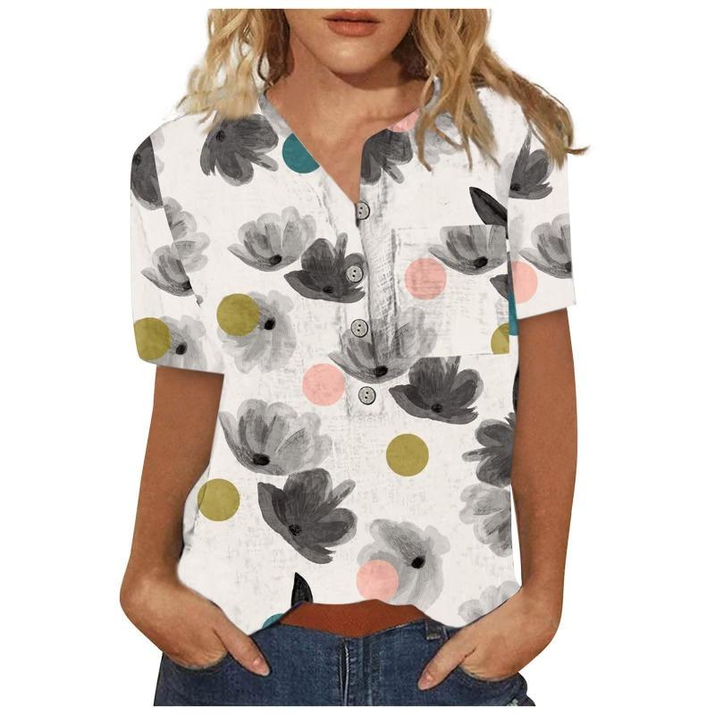 Button V-neck 3D Printed Top Fashionable Casual Long Sleeved Women's T-shirts