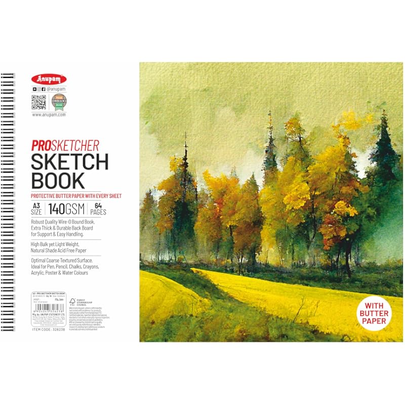 Anupam A3 - PRO-Sketcher Sketch Book 130 GSM,64 Pages., White, (Model: 6238)