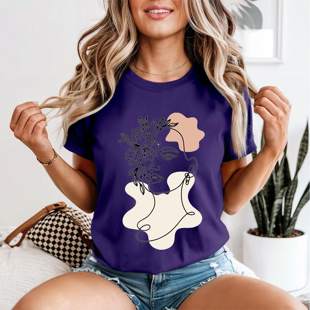 Unisexs Abstract Face Line Art T Shirt Unisex With Flowers Minimalist Tee