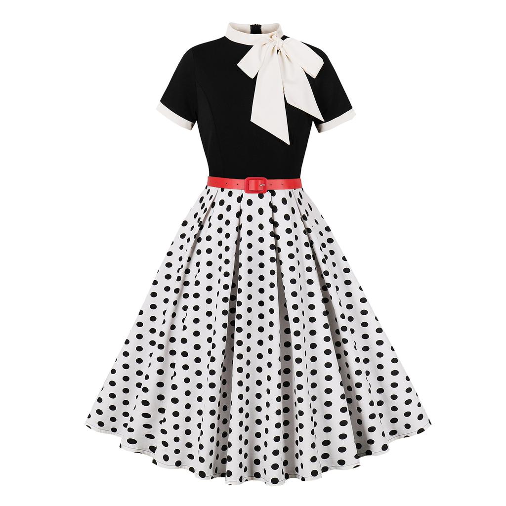 Women's Fashionable Retro Hepburn-Print Floral Polka Dot Bow Dress For Summer