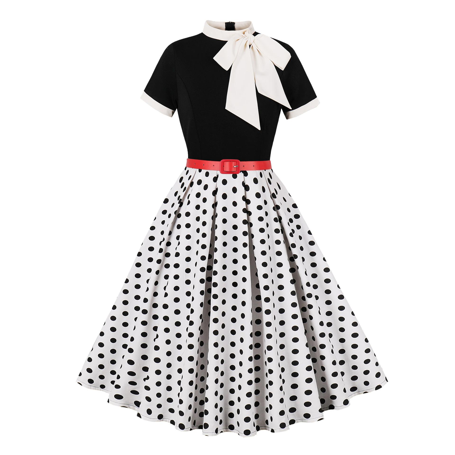 Women s Fashionable Retro Hepburn-Print Floral Polka Dot Bow Dress For Summer L