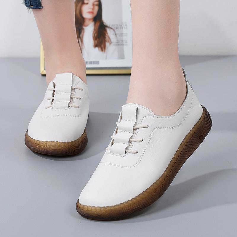 

Spring Genuine Leather Middle-aged and Elderly Small Leather Shoes Elastic Straps Lightweight Non-slip Bean Shoes 35