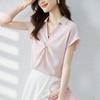 Sweet Summer New Arrival K-style Lake Blue V-neck Satin Fashion Commuter with Shoulder Short Sleeve Shirt Top Easiest for Match Female