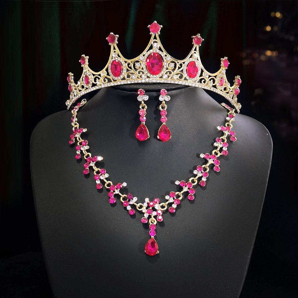Retro Rhinestone Crown Headwear Three Piece Set Fashionable and Super Shiny Bride Headwear Set Birthday Crown Necklace for Women