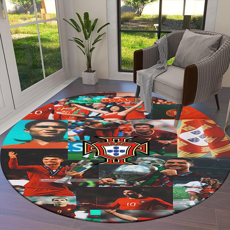 Portugal National Football Logo Round Area Rug,Carpet Rug for Living Room Bedroom Sofa Playroom Decor,Non-slip Floor Mat