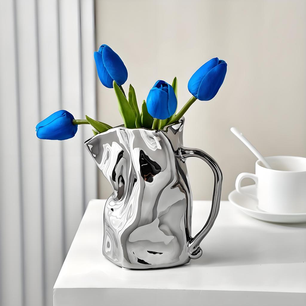 Crinkle Textured Ceramic Vase | Silver Finish Modern Elegance | Multi-Room Decor for Living Room Bathroom Desk