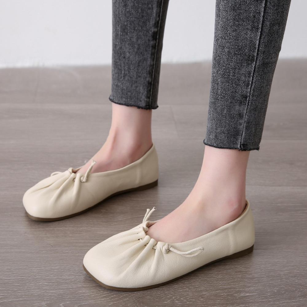 2026 New Style Flat Shoes Comfortable Nurse Big Head Non-slip Square Head Casual Soft Leather Single-layer Shoes for Women