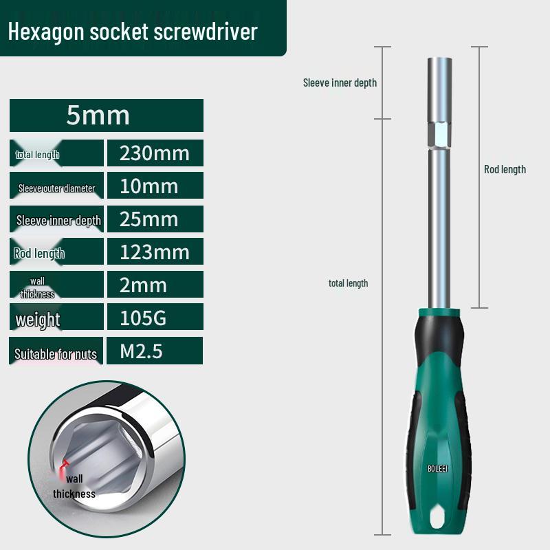 Extended Hex Socket Screwdriver Set: 5.5, 7, 8, 10, 13, 14mm Hex & M4/M5 Socket Wrench