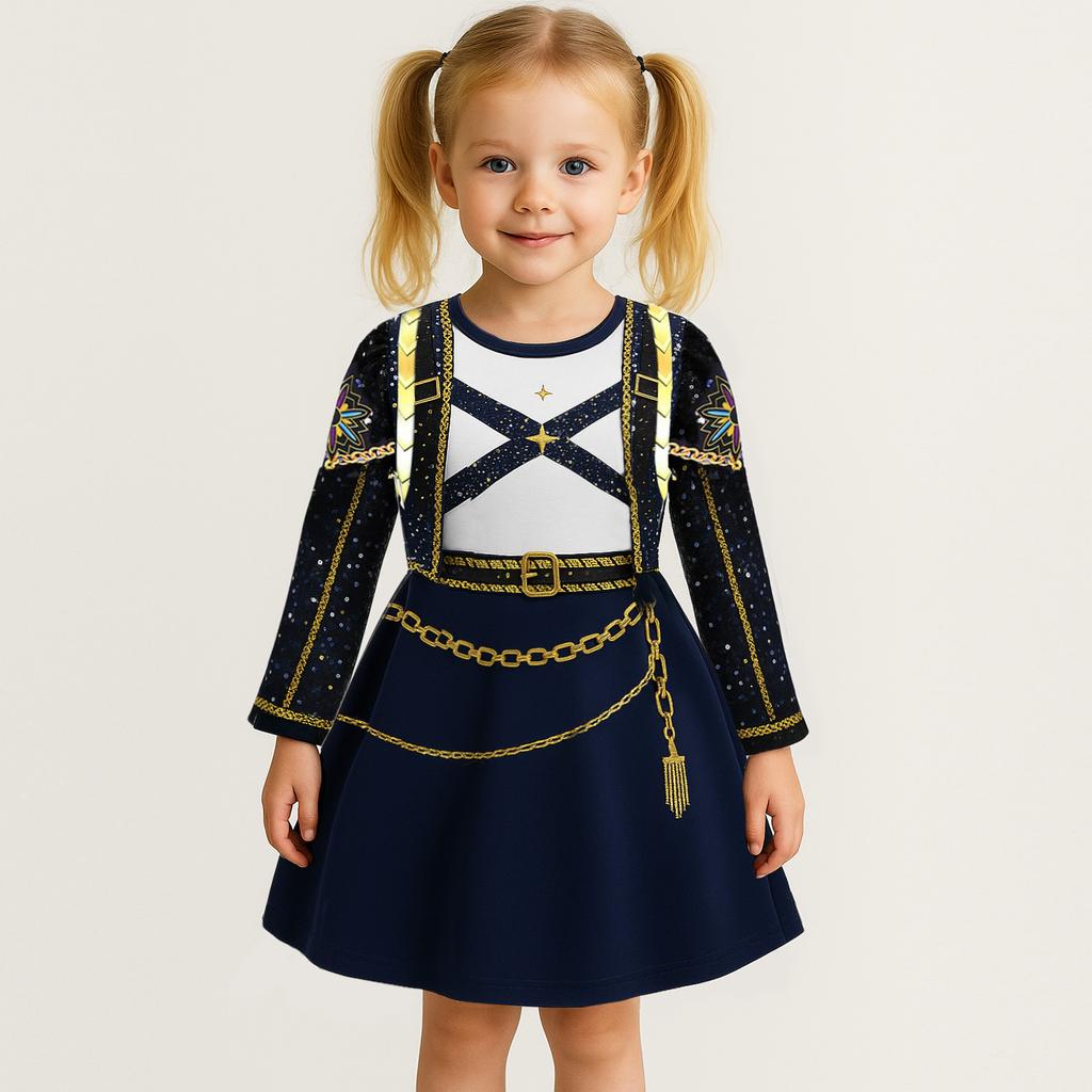 Kids Girls Casual Daily Dress Cute Cartoon Print Long Sleeves Dance Wear Princess Dress  2-12 Years