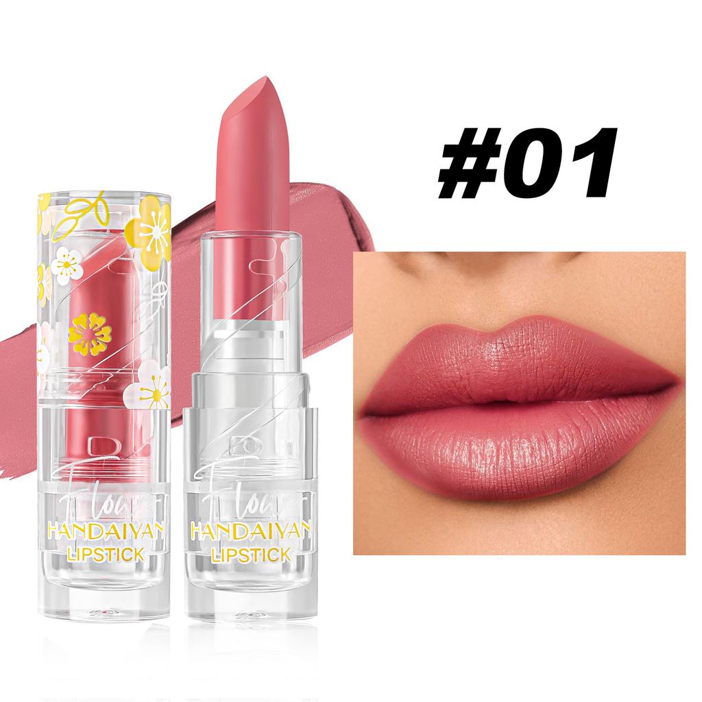 HANDAIYAN Velvet Matte Lipstick, Waterproof Long-Lasting Moisture Lip Makeup, Pigmented Smooth Nude Red Lipstick in Clear Floral Tube, Cosmetic