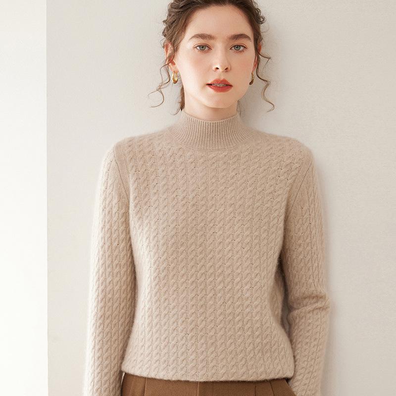 2024 Autumn/Winter Women's High Neck Cashmere Sweater - Thickened Korean-Style Cable Knit Pullover