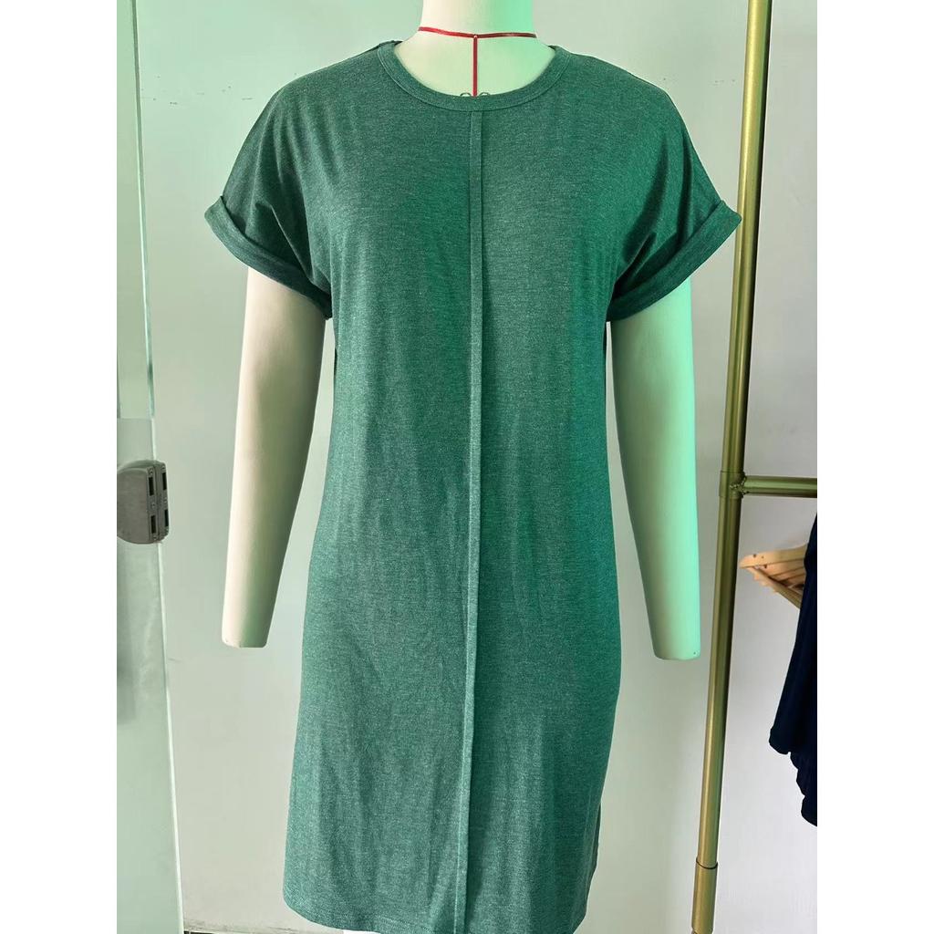 Spring Summer Women's Casual Solid Color Crew Neck Loose Short Sleeve Dress For Cross-border Export