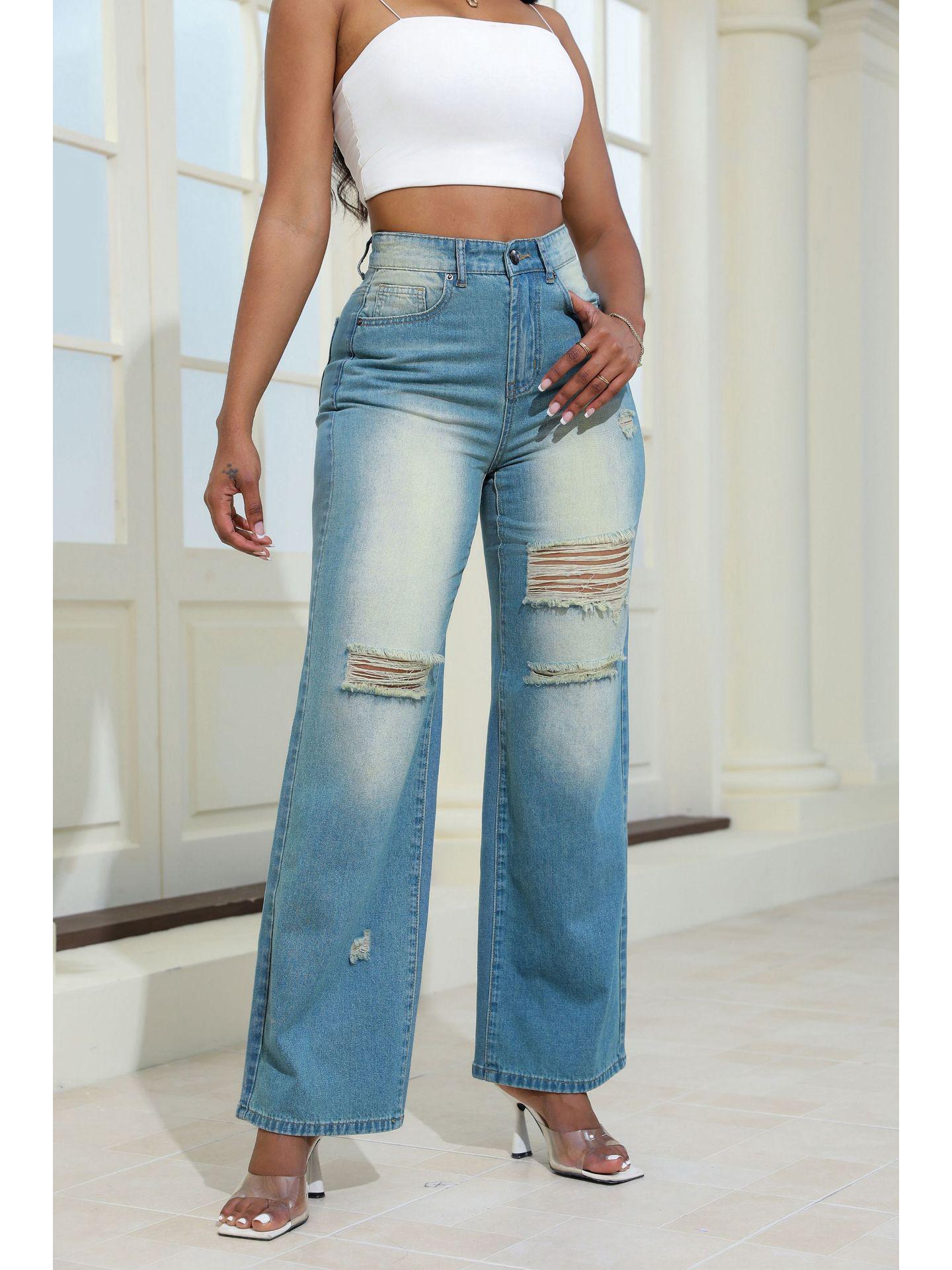 Women s High-Waisted Ripped Jeans - Autumn 2024 Loose Straight Leg Fashion M