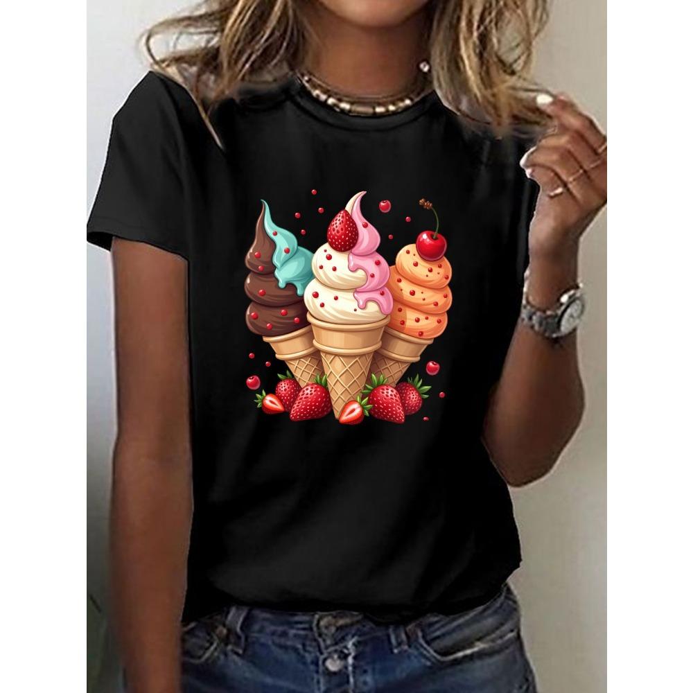 Vibrant summer and spring women's T-shirt, colorful ice cream cone strawberry print T-shirt, casual round neck short sleeved top