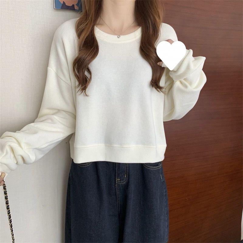 2024 Korean Style Women's Solid Color Hoodie: Fashionable, Loose, Long Sleeve, Round Neck, Short, Versatile Top for Spring/Autumn.