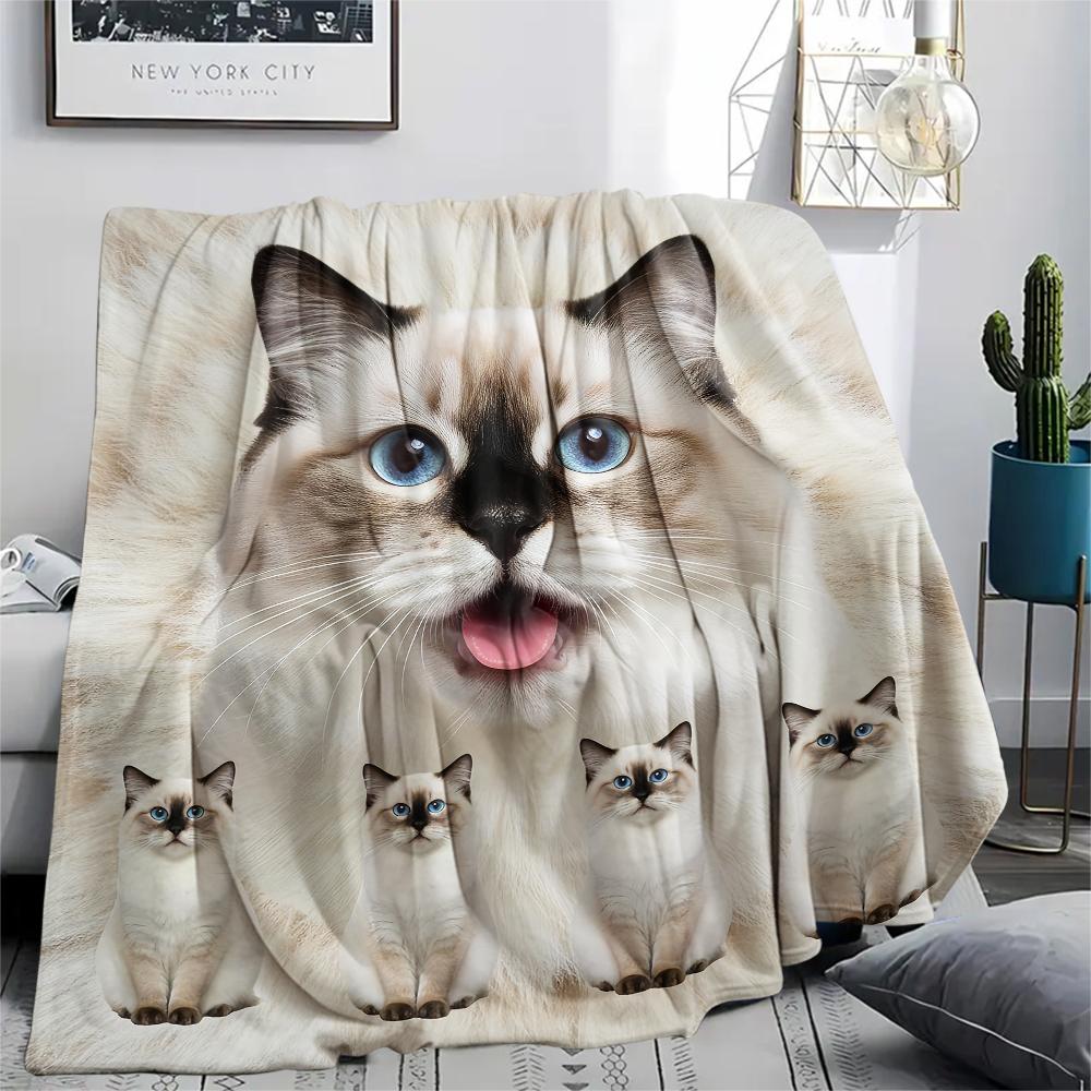 1Pc Lion Cat Himalayan Print Flannel Blanket, High quality Comfortable for All Seasons, Home Decor, Warmth and Comfort, Perfect for Gifts