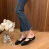 Inner heightening version~ Leather silver thick-bottomed bag head slippers women's rhinestone word with slope heel sandals Muller half slippers
