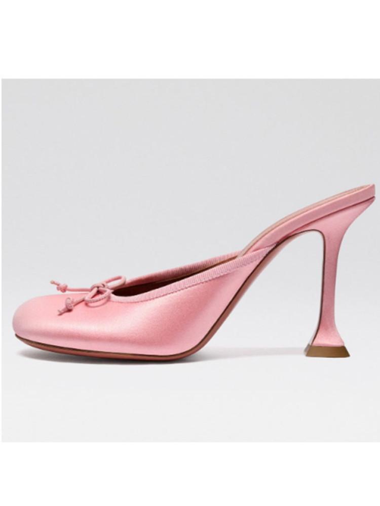 Summer New Round Headed High Heels Outdoor Fashion Slippers with Headless Back Air Bow Fashion Show Large Women's Sandals