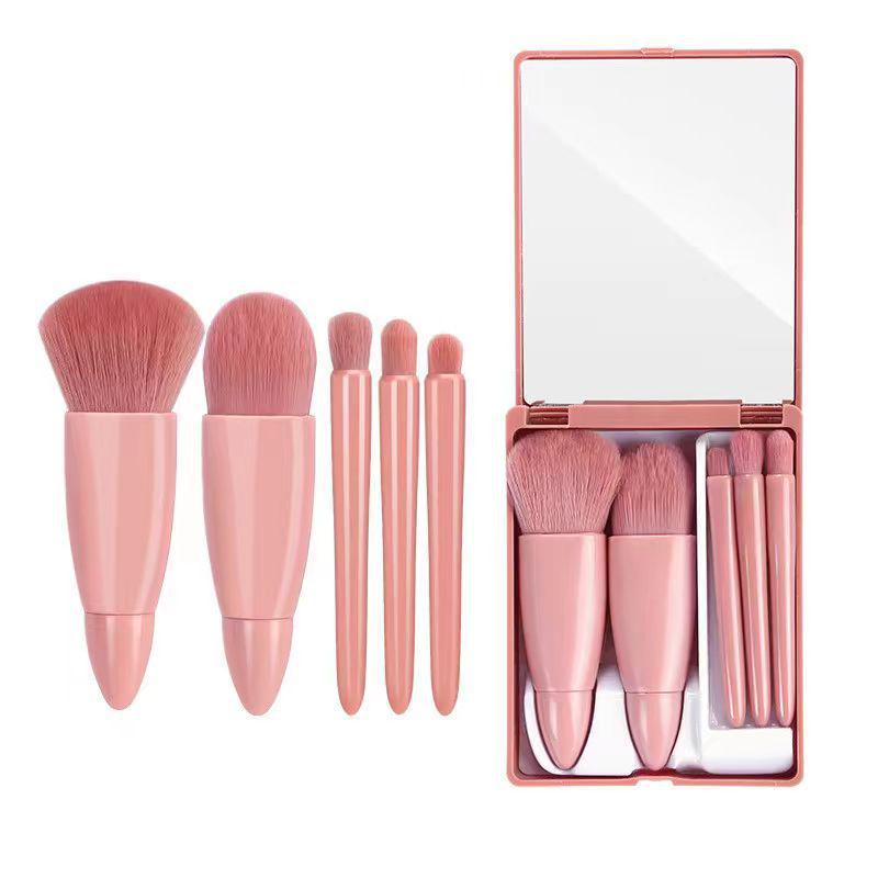 5-Piece Portable Makeup Brush Set with Mirror - Includes Eyeshadow, Powder, Blush, and Travel Brushes