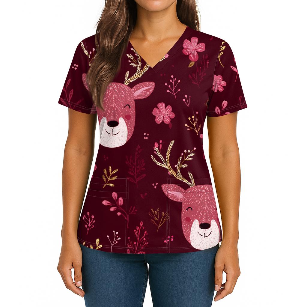 Women's Christmas Print V-Neck Double Pocket Short Sleeves Hem Slit  Uniform And Caregiver Top