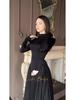 Elegant European & American Black Spring Long-Sleeve Dress, Round Neck, 2025 Style.