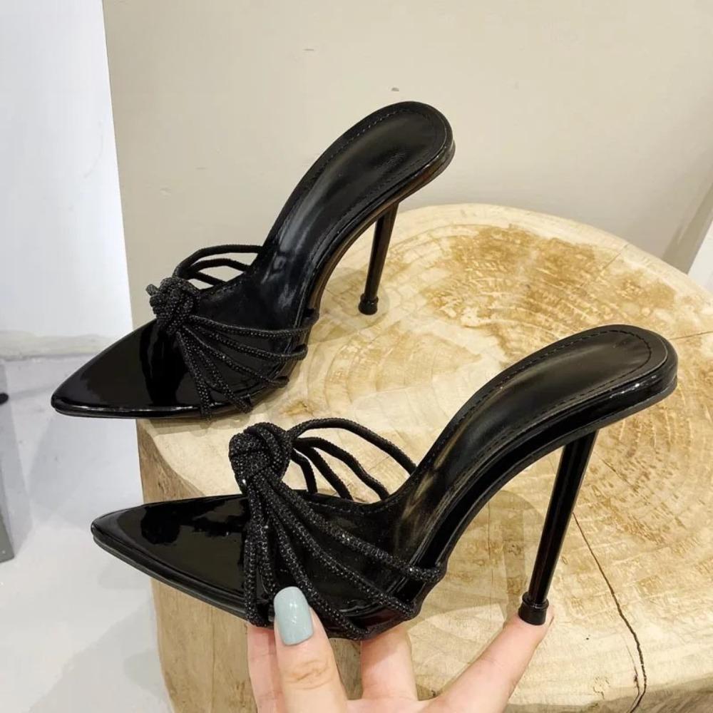 Eilyken New Summer Women's Slippers Crystal Rhinestone Pointed Toe High Heel Slide Shoes Fashion Party Prom Sandals
