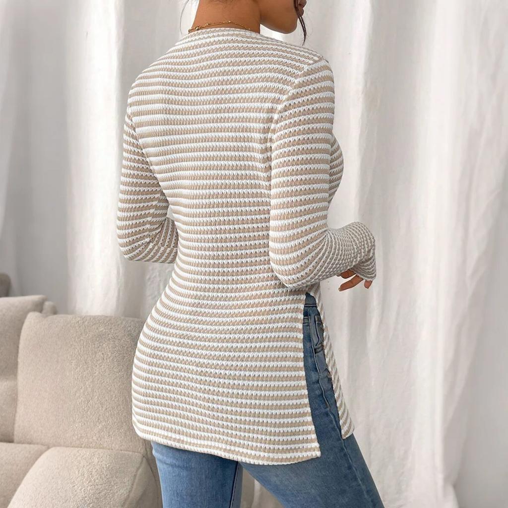 Women's Fashion Round Neck Slit Long Sleeve Color Top