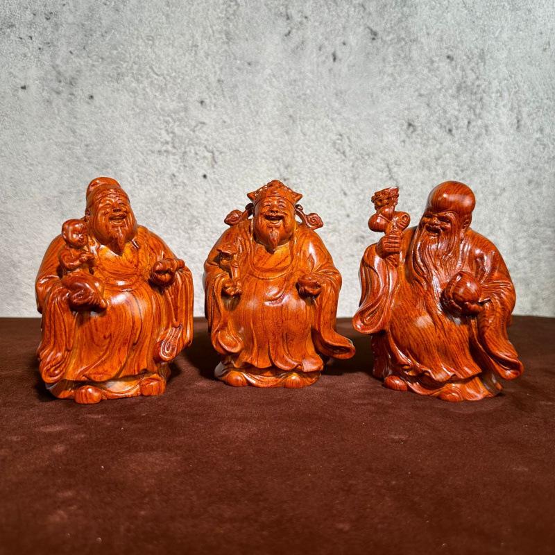 Karin Wood Carving Fulu Shou Ornament - Solid Wood Decor for Longevity Wishes and Birthday Gifts