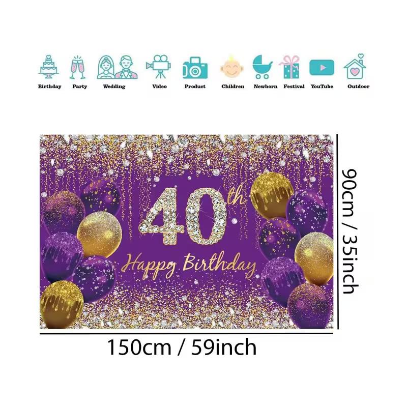 

2D Purple Gold 40th Birthday Backdrop, Party Photo Background 47.2x31.5inch/120*80cm