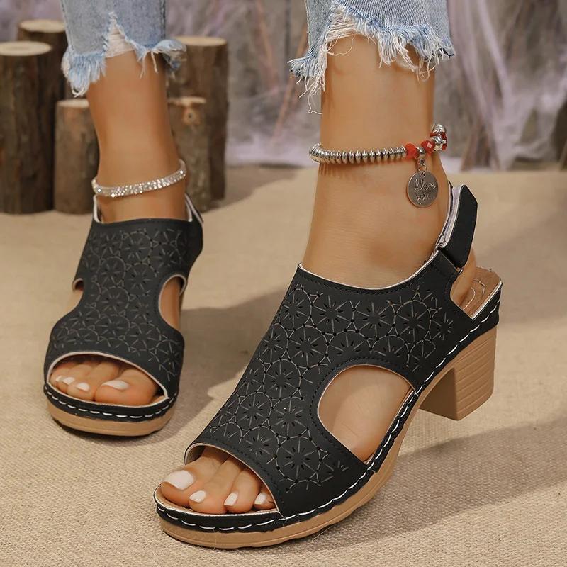 Fashion Women's Fashion Thick Sole Hollow Sandals Summer High Heel Peep Toe Sandal Female New Back Strap Square Heel Sandalias Mujer
