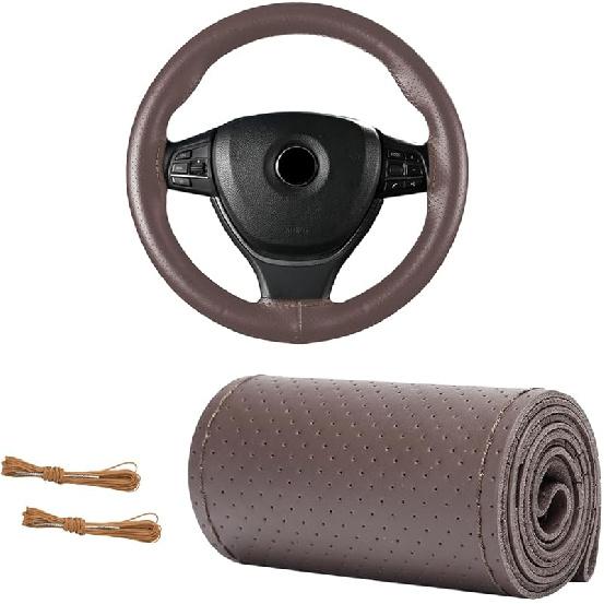Genuine Leather Steering Wheel Cover, 15 Inches Breathable Stitch On Wrap Steering Wheel Cover, Anti-Slip Auto Wheel DIY Sewing Protector With Needle