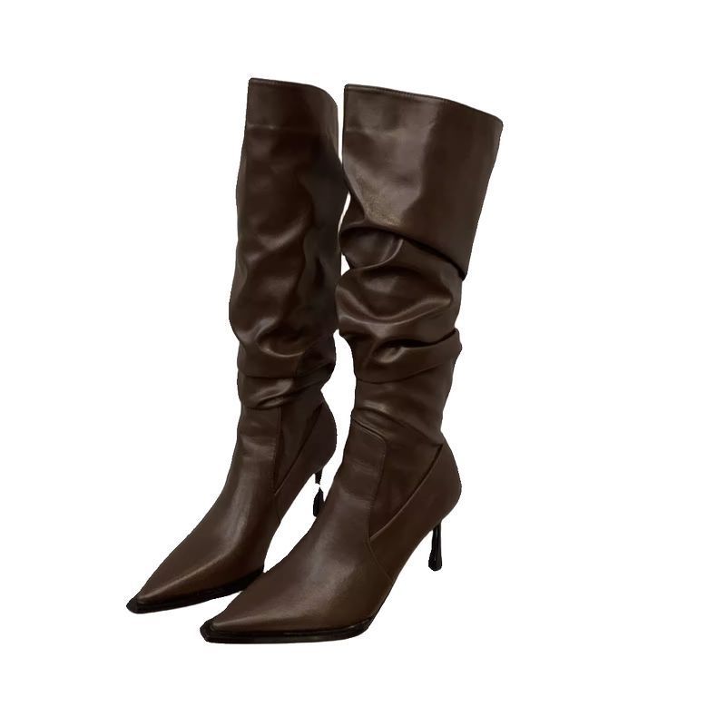 High Heel Pointed Pile Boots Women's Shoes Autumn and Winter Tall Skinny Skinny Heel Retro Long Boots