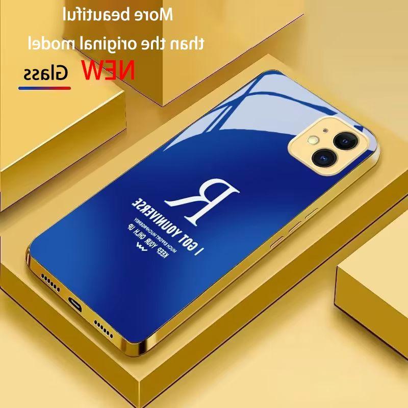 Electroplated glass phone case letter "R" design golden frame For iPhone 17 Air 16 Pro 15 Pro Max 14 Plus anti-drop protection