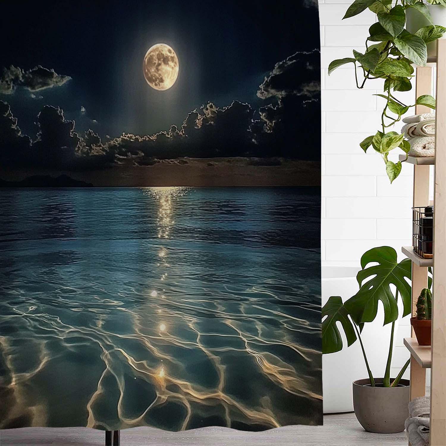 

One Piece Of Night Moon Ocean Print Shower Curtain, Window Curtain With 12 Hooks Curtain For Windows W60H190(CM)-1 Pcs