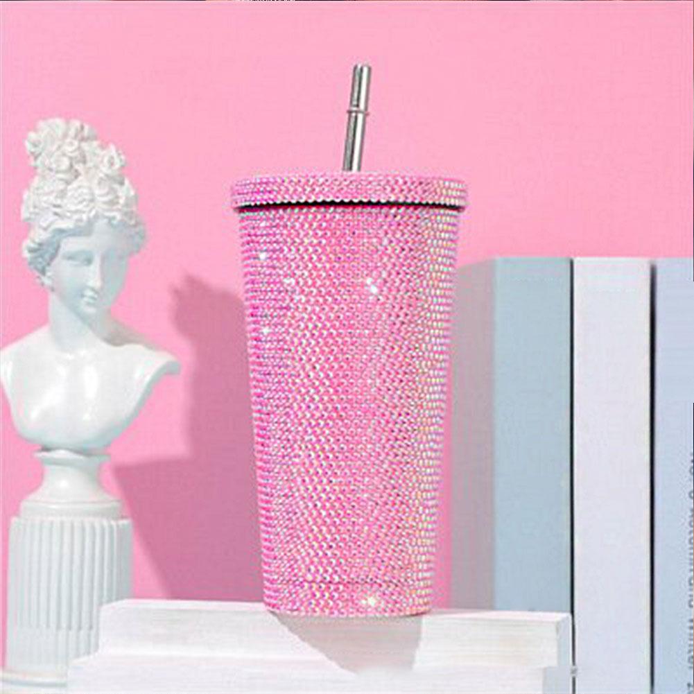 Insulated Straw Tumbler Stainless Steel Rhinestone Cup 24 Hour Hot Cold Water Coffee Drinkware For Office Travel Gym Accessories
