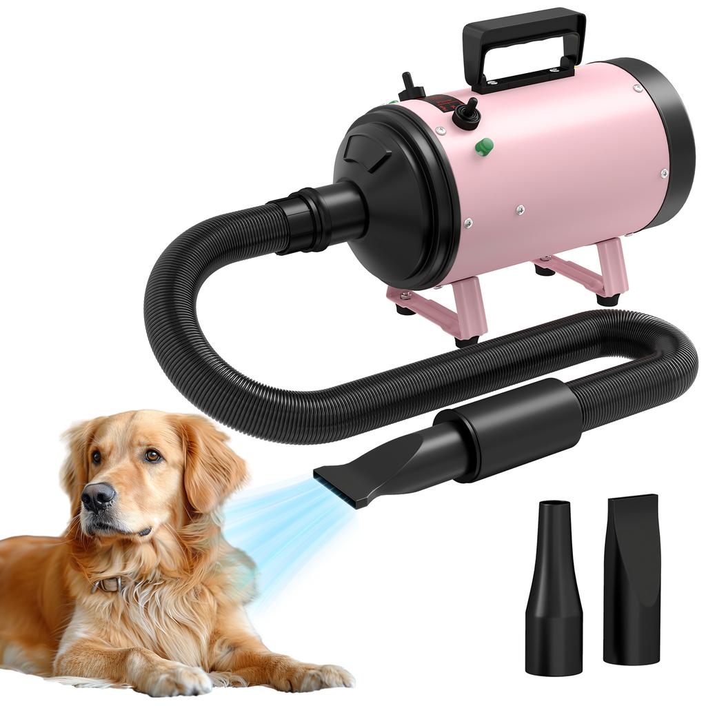 2200W Dog Hair Dryer with Adjustable Temperature & Velocity, 3 Different Nozzles, Pink
