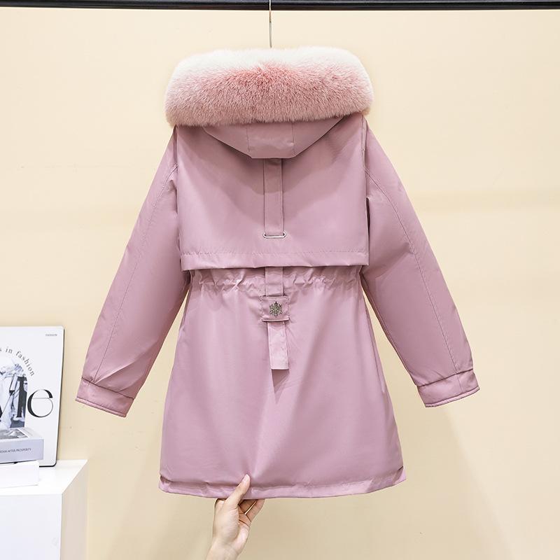 Daunenjacke mit Fleece-Futter und Kapuze, Wintermantel für Damen, warm, gepolstert, Parkas mit Kordelzug, koreanische Casual Streetwear, Puffer-Oberbekleidung für Damen