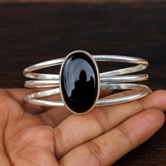 Black Onyx Oval Stone Cuff Bracelet, 925 Sterling Silver, Adjustable Three-Band Bangle