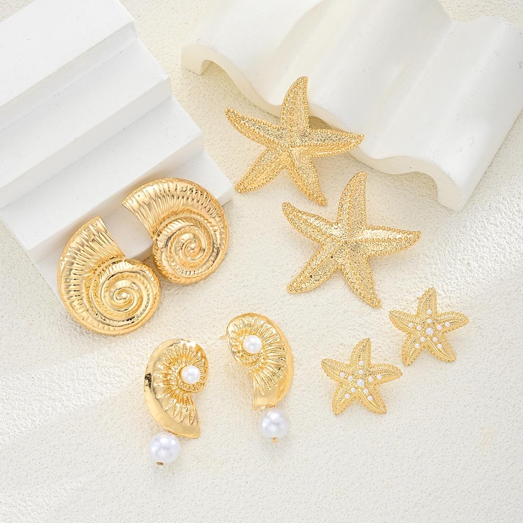 4Pcs Vintage Summer Starfish Conch Earring Set Gold Color Imulated Pearl Stud Drop Earrings for Women Beach Daily Jewelry Gifts