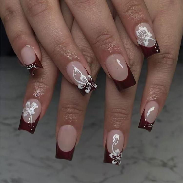 

Glossy Short Acrylic Press On Nail Pink Flower Designs Square False Nail Full Cover Artificial Nail Kit Wedding Nail Art 1