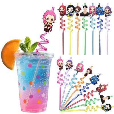8 wiederverwendbare Spiral-Trinkhalme mit K-Pop-Dämonenjäger-Motiv, ideal als Partydekoration oder Geschenk für Kinder.