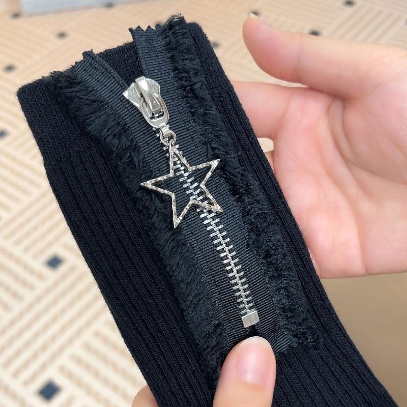 Women's Trendy Five-pointed Star Metal Zipper Mid-calf Socks Solid Color, Individual and Fashionable Pile Socks